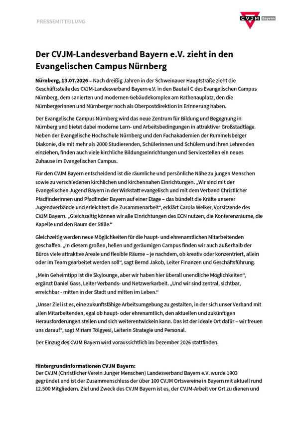 Pressemitteilung Umzug des CVJM Bayern in den Evangelischen Campus N&uuml;rnberg